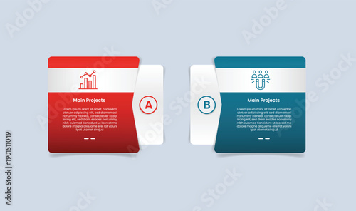 2 points comparison for infographic with glossy gradient style with square box with creative badge on opposite position with two point list information