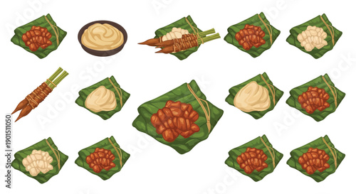 Traditional asian culinary delights wrapped in fresh green banana leaves isolated on white