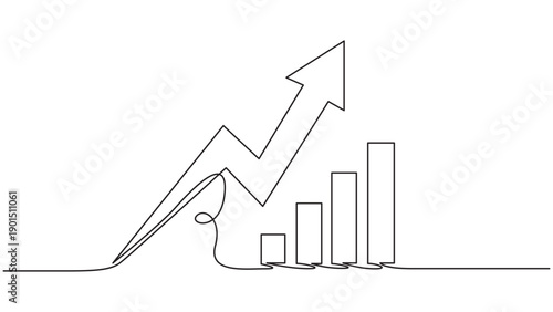 Continuous line drawing of a growing bar graph with upward arrow, representing business growth and success.