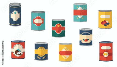 A diverse collection of stylized canned goods with colorful and varied labeling designs