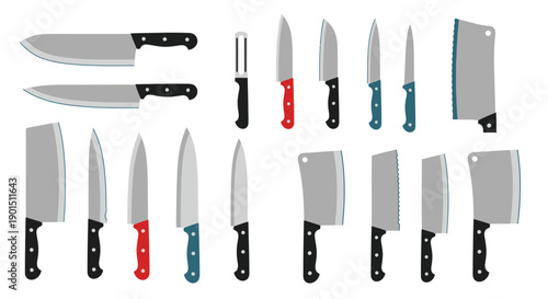 Collection of diverse kitchen knives including cleavers and chef's knives in a flat design