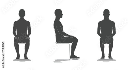 Three Silhouettes Depicting a Person Sitting in Varied Poses Against a White Background