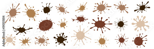 Set of brown paint splashes and ink splatters on white background. Abstract organic liquid spots in chocolate, coffee, and skin tone colors