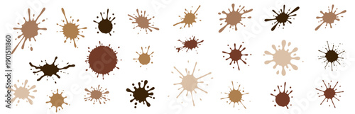 Set of brown paint splashes and ink splatters on white background. Abstract organic liquid spots in chocolate, coffee, and skin tone colors