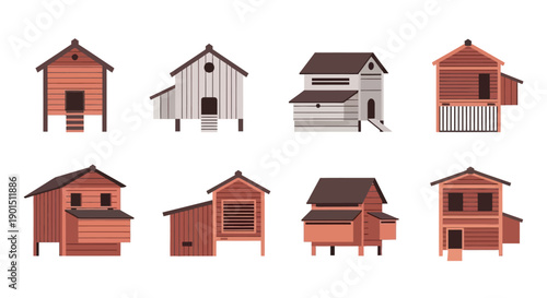 Collection of diverse wooden chicken coop structures presented in a flat illustrative style