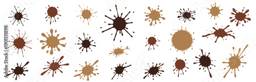 Set of brown paint splashes and ink splatters on white background. Abstract organic liquid spots in chocolate, coffee, and skin tone colors
