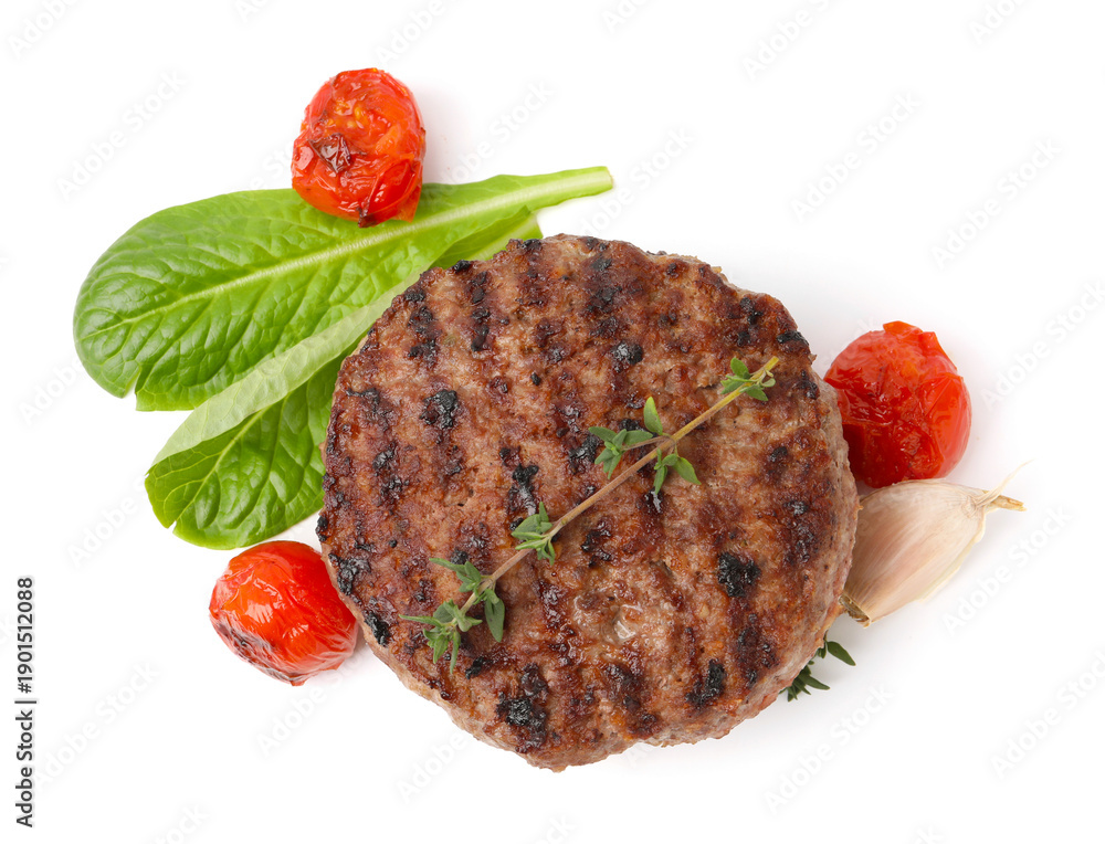 Fototapeta premium Delicious grilled meat patty, tomatoes and spices isolated on white, top view