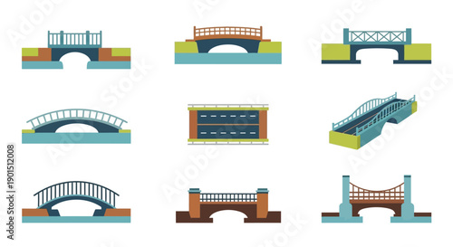 A colorful assortment of stylized bridge designs and architectural elements