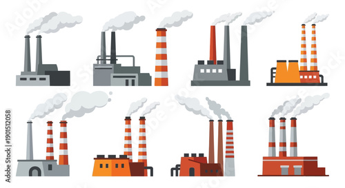 Collection of diverse industrial factory buildings emitting smoke stacks signifying production