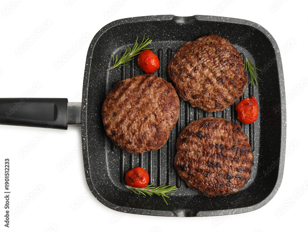 Obraz premium Delicious grilled meat patties, tomatoes and rosemary in grill pan isolated on white, top view