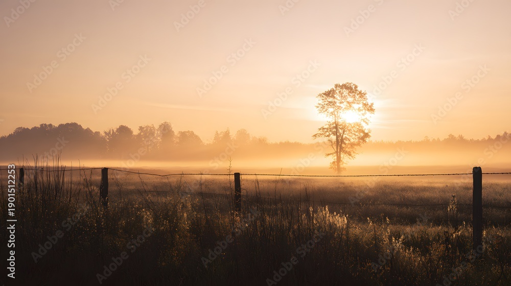 Fototapeta premium Golden sunrise over misty field evokes peaceful rural landscape photography inspiration