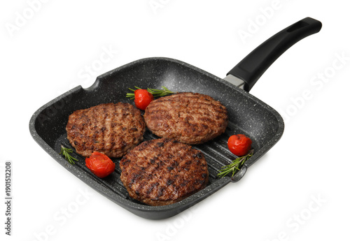 Delicious grilled meat patties, tomatoes and rosemary in grill pan isolated on white, top view