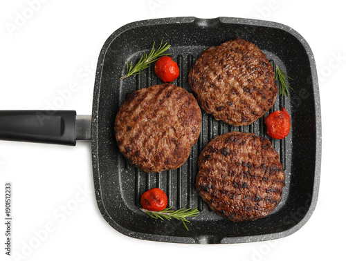 Delicious grilled meat patties, tomatoes and rosemary in grill pan isolated on white, top view