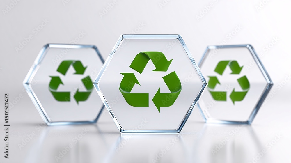 Obraz premium Three hexagonal glass recycling symbols reflecting eco-conscious design in a pristine setting