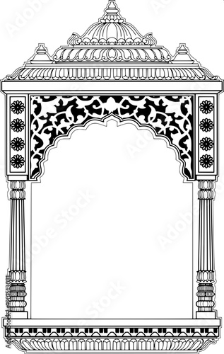 Traditional decorative arch outline vector, floral pattern top crown, pillar stand base, Indian wedding mandap style