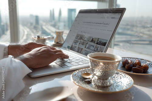 POV of business person working on laptop with Arabic coffee and dates, luxury office skyline view