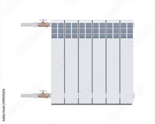 Central heating radiator panel for indoor heating system. Radiator ball valve. Butterfly ball valve. Realistic vector illustration flat design. 
