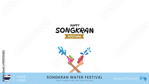 Minimal Flat Songkran Thailand Water Festival Background with Crossed Hands Holding Colorful Water Guns Blue Splash and Large Clean White Copy Space for Event Banner