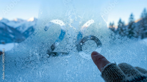 Number 26 on icy surface with finger touching on glass 