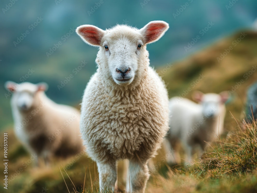 Fototapeta premium Curious young sheep standing on a grassy hillside with a blurred natural background and other sheep grazing peacefully behind