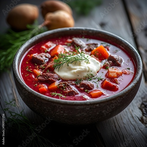 Russian food. A deep red beet soup with hearty chunks of beef, vegetables, sour cream and dill.