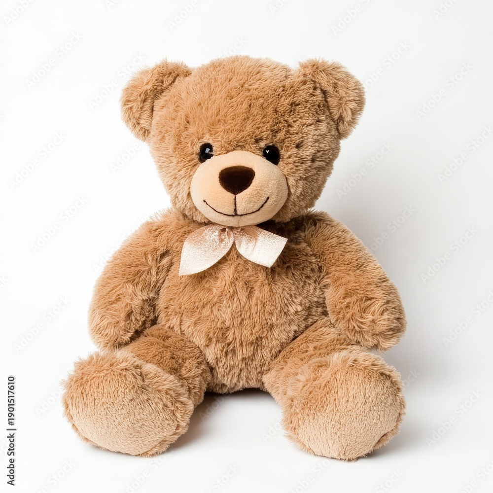 Obraz premium Brown teddy bear sitting on a white background with a simple bow around its neck ready for a child's embrace and playtime