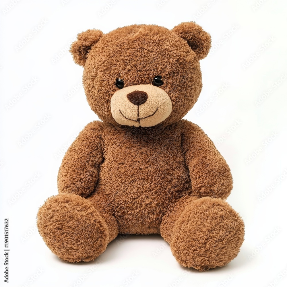 Obraz premium Brown teddy bear sits with a soft expression against a plain white background during a quiet moment of childhood joy