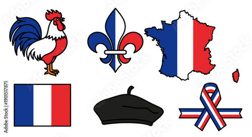 A collection of French symbols including a rooster, fleur-de-lis, map, flag, beret, and ribbon, representing culture and heritage in a graphic illustration style from a straightforward viewpoint