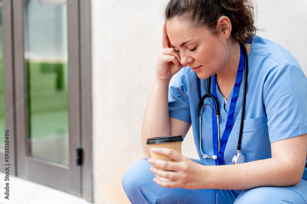 © StockMe - Stressed healthcare worker taking a coffee break, doctor feeling burnout and exhaustion after long shift. Copy space