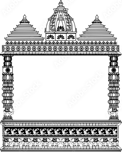 Ethnic mandap arch vector illustration, floral lotus ornament, detailed pillar carving, black silhouette design
