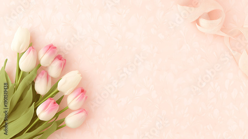 legant bouquet of pink and white tulips on soft textured floral background