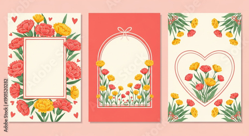 Mother's Day Floral Greeting Cards with Carnations and Frames for Special Occasions, Invitations, and Celebrations