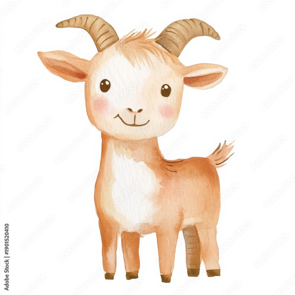 Obraz premium A cartoon goat shows a happy expression and stands against a blank white background