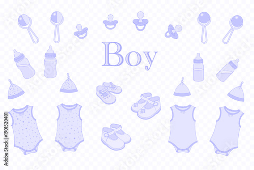 Baby items, bodysuits, hats, sandals, rattles, bottles, and pacifiers for boys on a transparent background. Vector illustration.