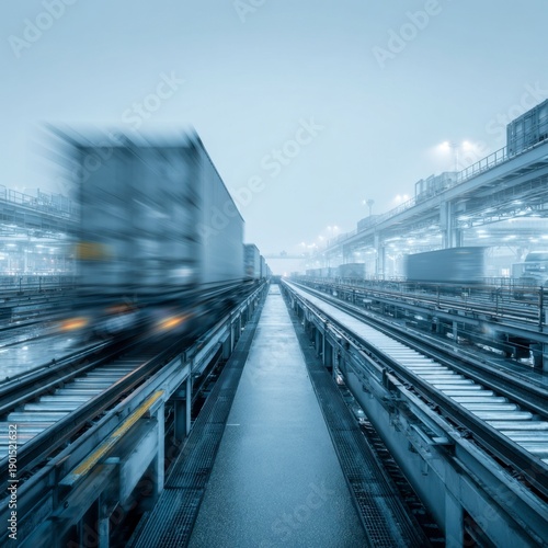 Foggy Industrial Scene with Blurred Freight Train and Cargo Containers