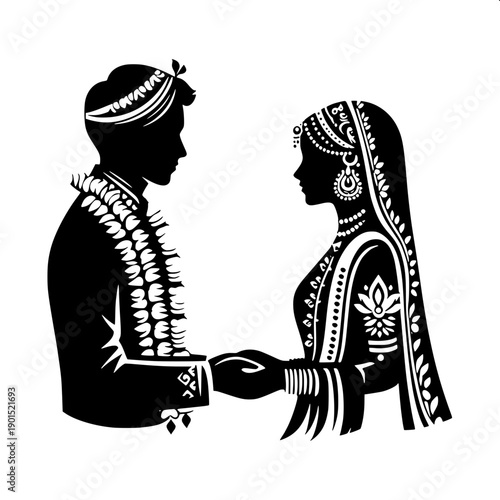 Indian wedding mandap silhouette vector, bride and groom exchanging garland, floral dome mandap roof, black and white cut file style