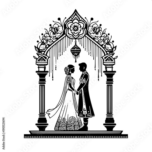 Indian wedding mandap silhouette vector, bride and groom exchanging garland, floral dome mandap roof, black and white cut file style