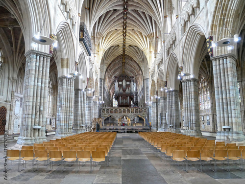 Interior of Exeter Cathedral or Cathedral Church of Saint Peter, with historic Anglican gothic architecture in Exeter, Devon, England