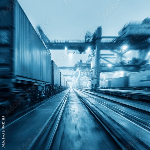 Industrial Cargo Shipping Terminal With Blue Tones and Motion Blur