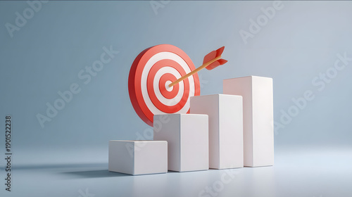 Business growth concept with three ascending bar steps leading to a target board with arrow Symbol of progress achievement strategy leadership and reaching business goa