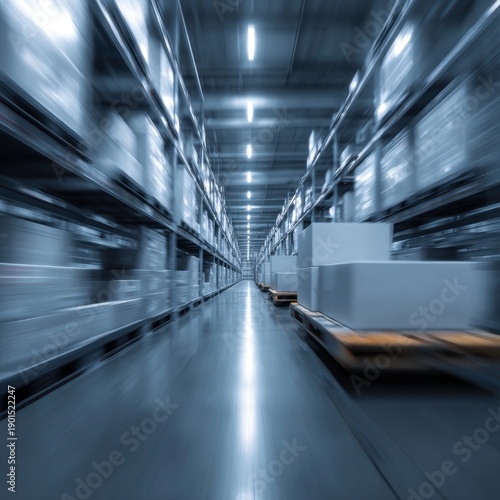Modern Warehouse Aisle with Shelves and Boxes in Industrial Space