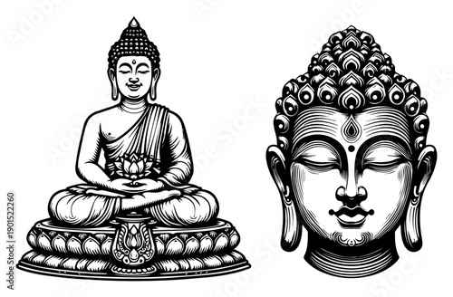 Buddha head and sitting Buddha on lotus vector illustration, Zen spiritual meditation art, Buddhism religious symbols for yoga and wellness background