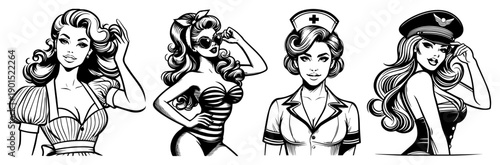 Pin-up women set vector illustration, retro vintage girls collection including nurse and captain, classic 1950s style female characters for poster design