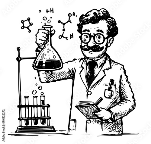 Scientist chemist man with beaker flask and notebook vector illustration, laboratory research professional character, science experiment education concept
