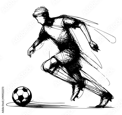 Soccer football player running with ball vector illustration, dynamic sports action character, athlete training or match competition sketch