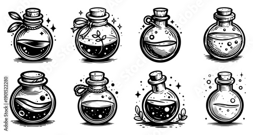 Magic potion bottles set with mysterious liquids vector illustration, alchemy glass flasks collection, fantasy game icons and laboratory chemistry elements