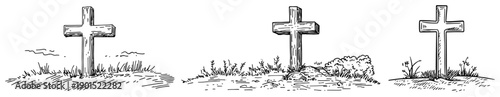Religious Christian crosses set in field cemetery vector illustration, spiritual grave symbols on grass background, memorial or Easter theme elements