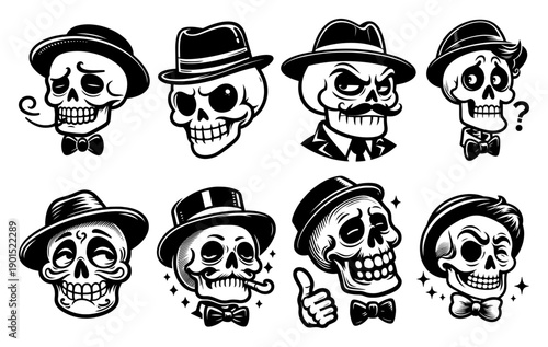 Gentleman skull characters set with hats and bow ties vector illustration, vintage skeleton heads collection, stylish mafia and dandy style skulls for tattoo or t-shirt design