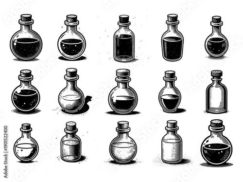 Glass potion bottles and alchemy flasks set vector illustration, medicine or laboratory chemical containers collection, mystical elixir or pharmacy icons