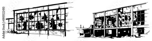 Broken windows of abandoned industrial building vector illustration, ruined factory or warehouse exterior sketch, urban decay and post-apocalyptic architecture